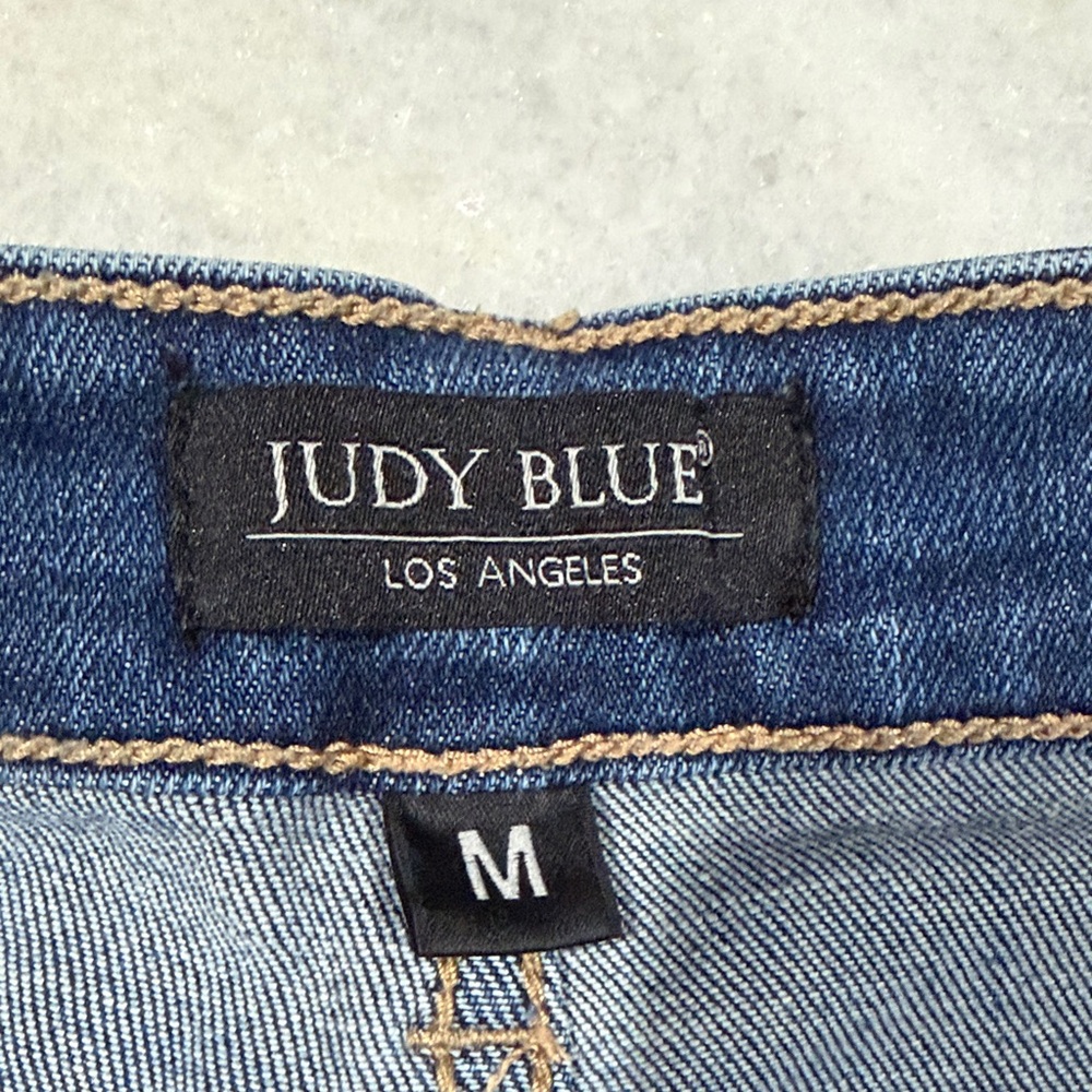 Judy Blue Washed Distressed High-Rise Denim Shorts - Dark Blue - Picture 3 of 3